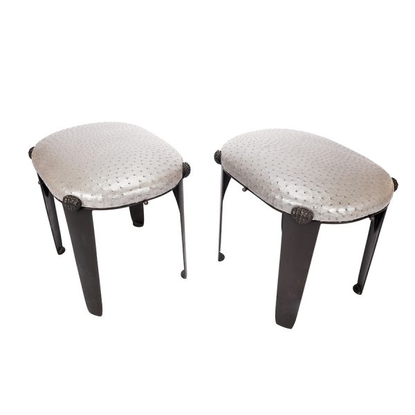 A Pair of Bronze Stools with Slip Seats Upholstered in Silver Ostrich Skin
